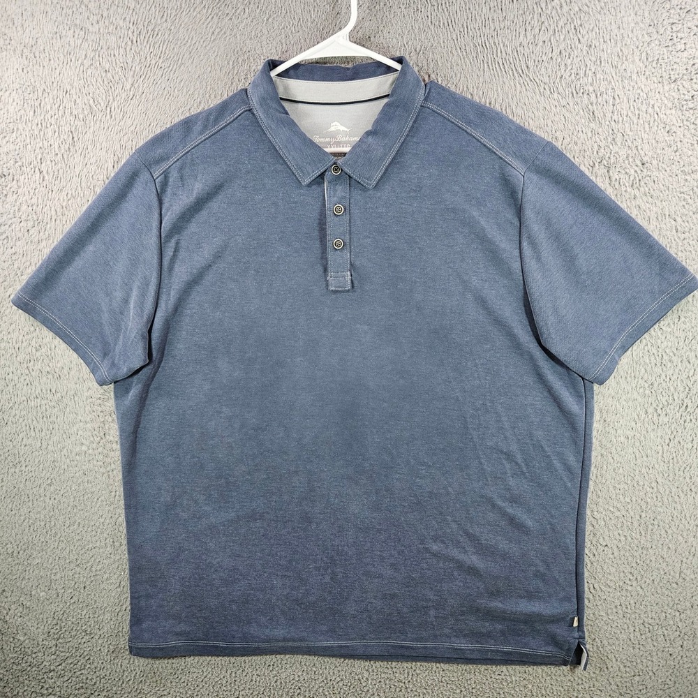 Tommy Bahama Mens XXL Blue Tencel Blend Short Sleeve Polo Shirt Marlin Logo